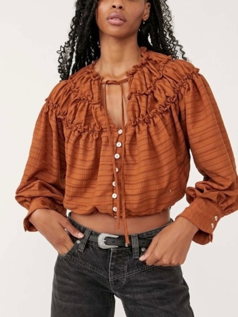 Free People Glazed Ginger Lace Cropped Hailey Peasant Blouse Size XS NWT